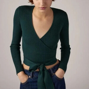 Zara Ribbed Knit Long  Sleeve Crossover Sweater Top Forest Green Size Large